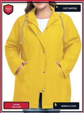 Plus Size Waterproof Rain Jacket with Hood, Windproof Trench Coat